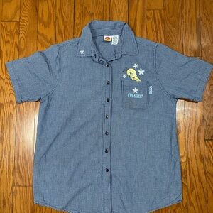 TWEETY Light Blue Button Down Shirt with Short Sleeves and Embroidered Pocket